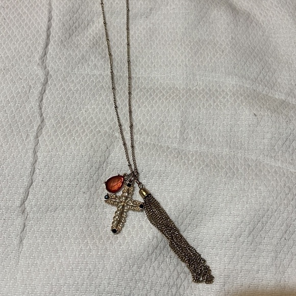 Charming Charlie Goldtone Pendent Tassel Cross Necklace - Picture 3 of 4